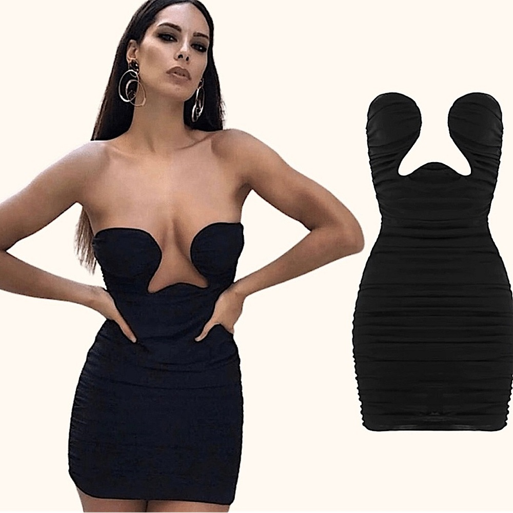 Maison Femalien | Ella Strapless Ruched Mesh Little Black Mini Dress Size S